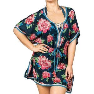 MATILDA JANE Women's Medium Navy Floral Cool-Shade Beach or Pool Cover- Up